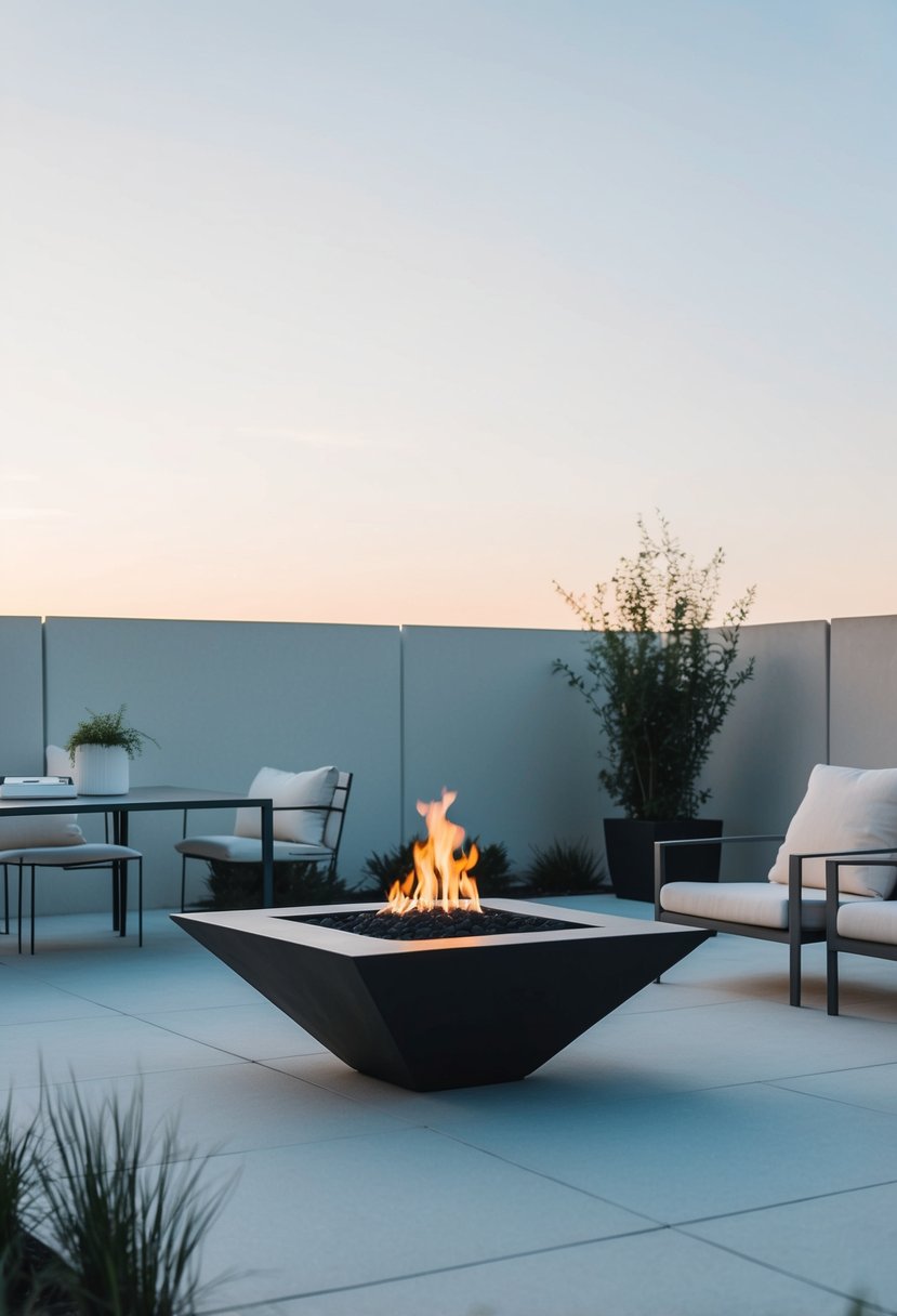 A sleek, square fire pit with clean lines sits in a minimalist outdoor space, surrounded by contemporary furniture and simple landscaping