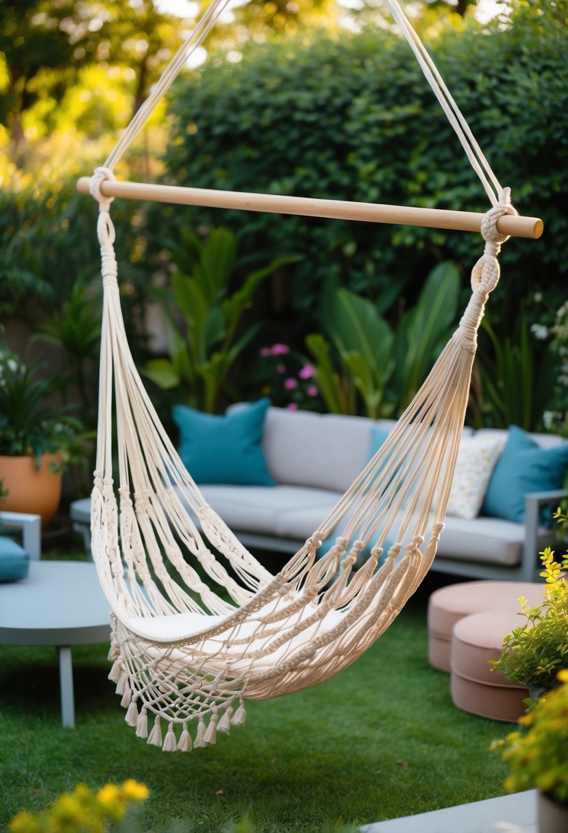 A macrame hammock hangs in a lush garden, surrounded by various seating options