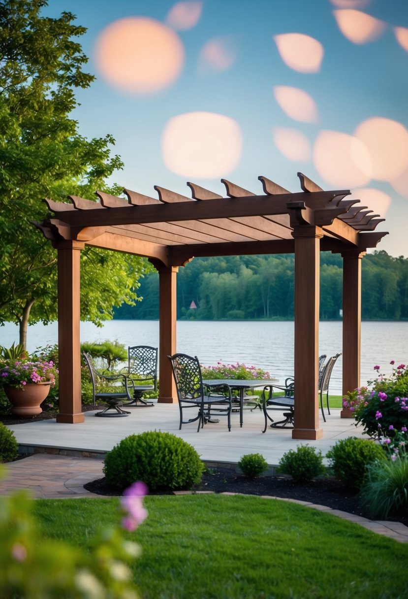 A peaceful lakeside pergola surrounded by lush gardens and blooming flowers