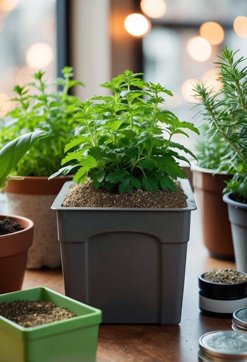 A planter box filled with catnip surrounded by other herb containers