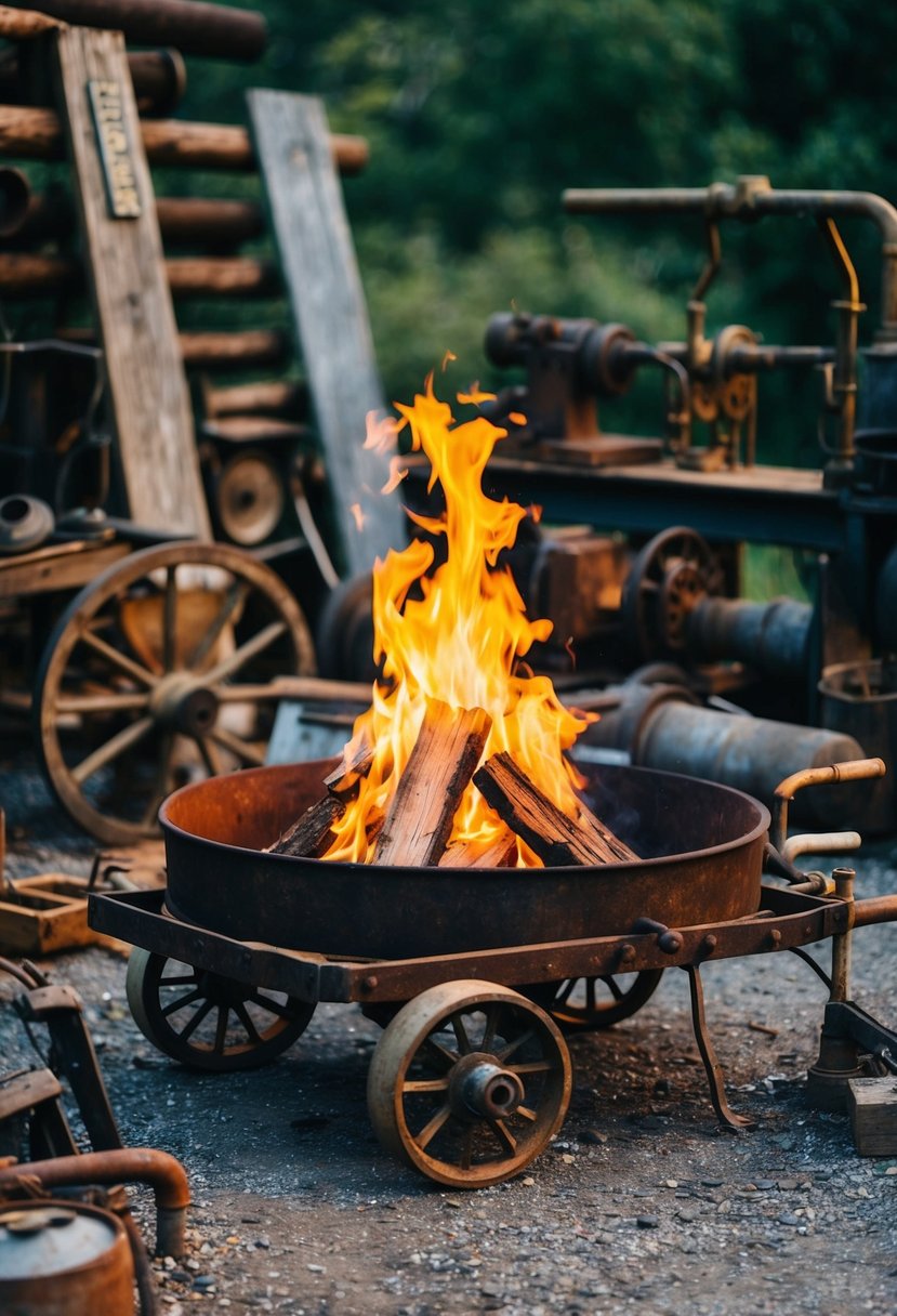 An old mining cart converted into a rustic fire pit, surrounded by worn-out tools and vintage mining equipment