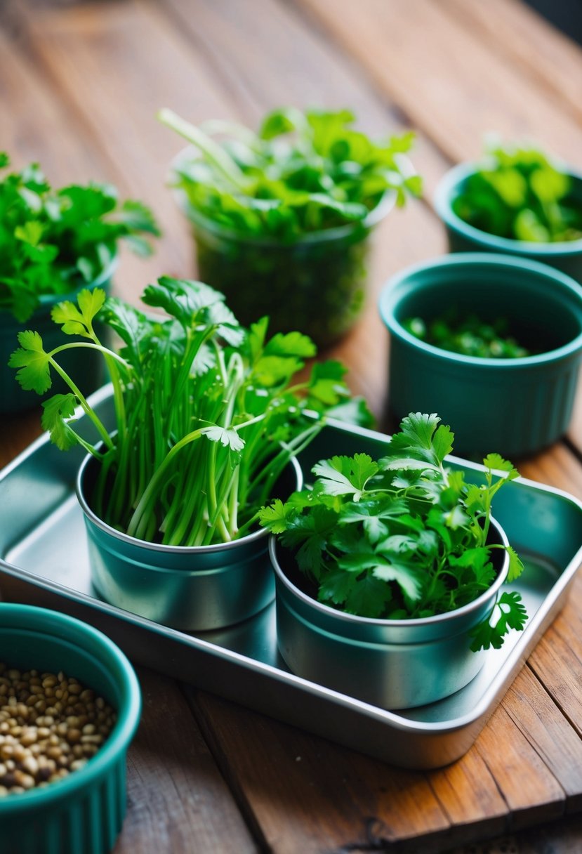 A tin tray holds Vietnamese Coriander amidst 31 herb containers