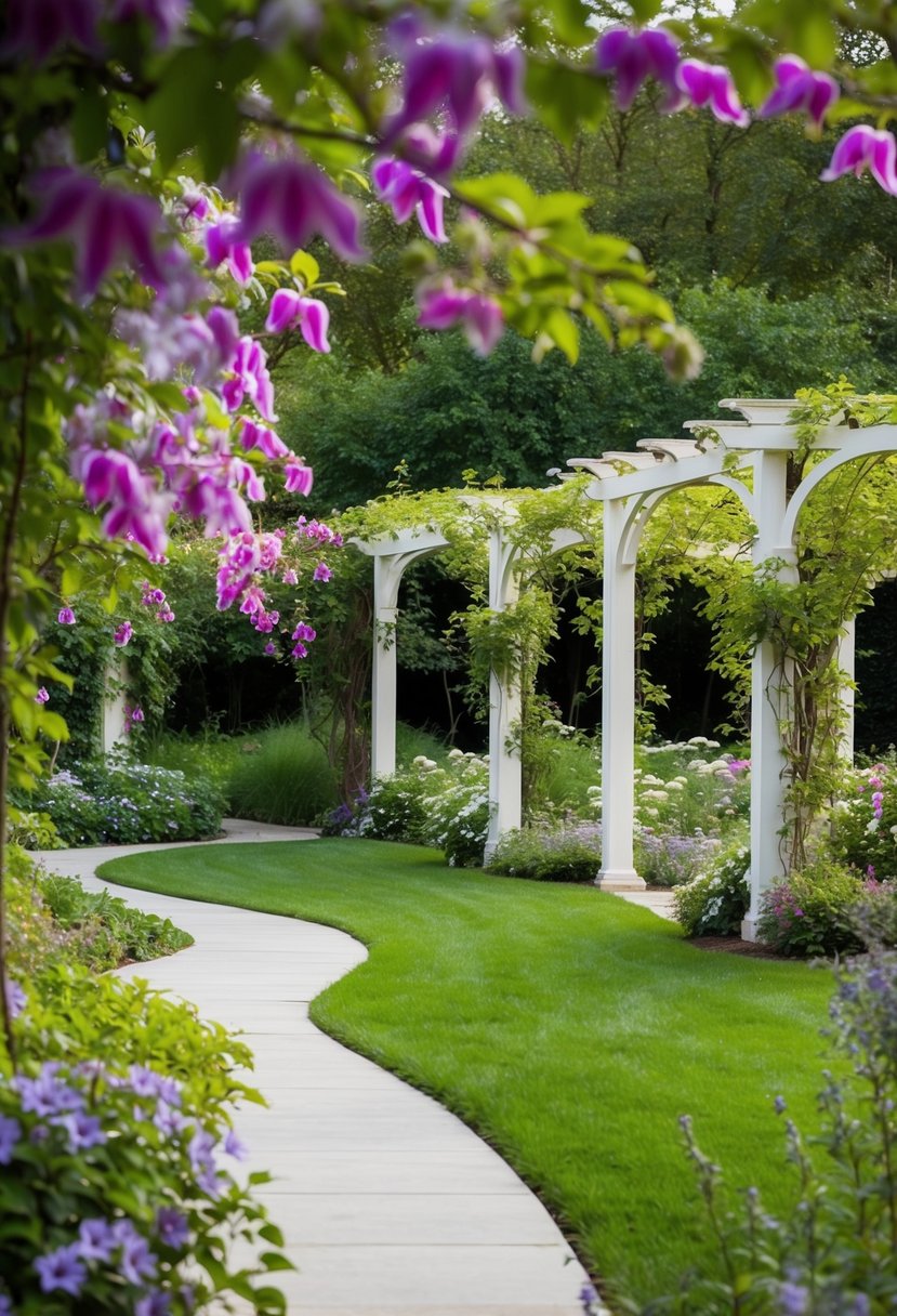 A picturesque garden with winding paths, vibrant clematis flowers, and elegant arbors creating a charming and peaceful atmosphere