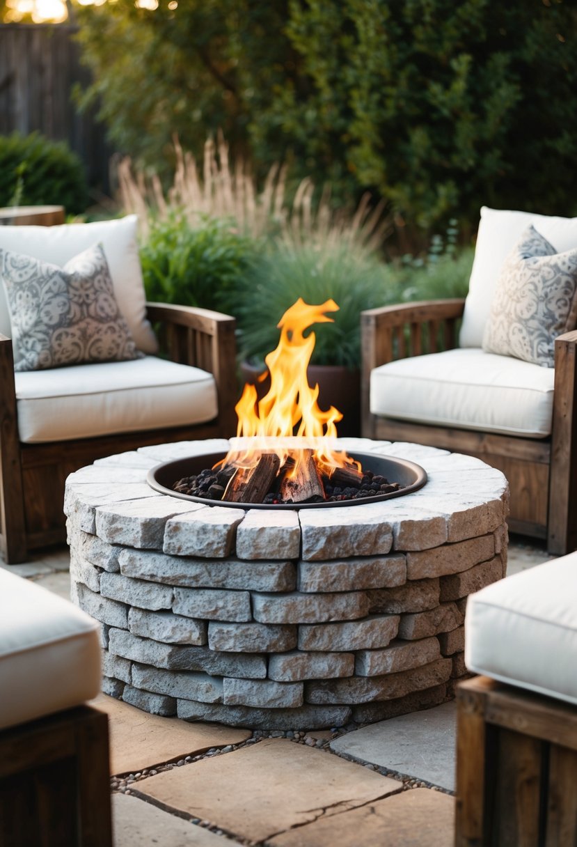 A limestone fire pit surrounded by rustic outdoor seating and natural landscaping