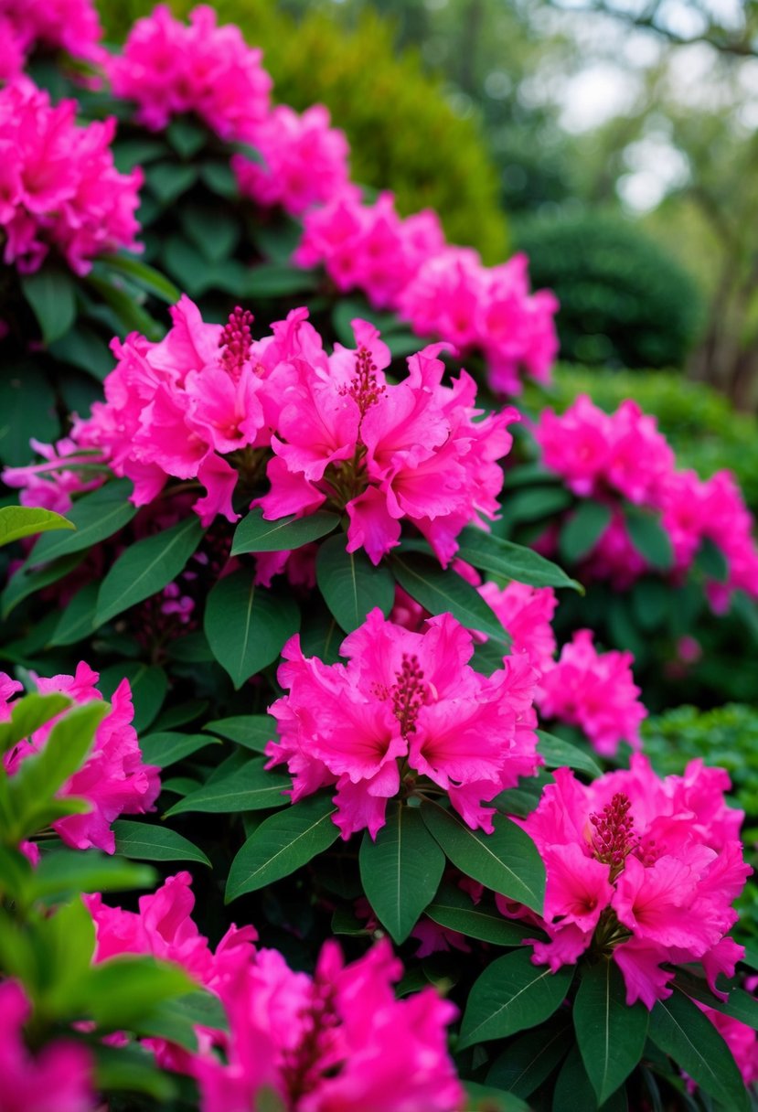 A lush garden filled with vibrant pink 'Pink Ruffles' azalea flowers in full bloom, surrounded by green foliage and a serene atmosphere