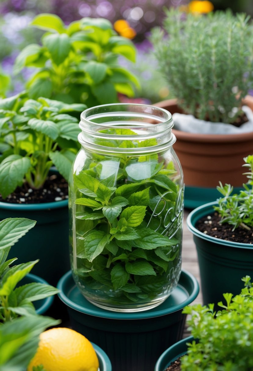 A glass jar filled with lemon balm sits among 30 other herb gardens in containers