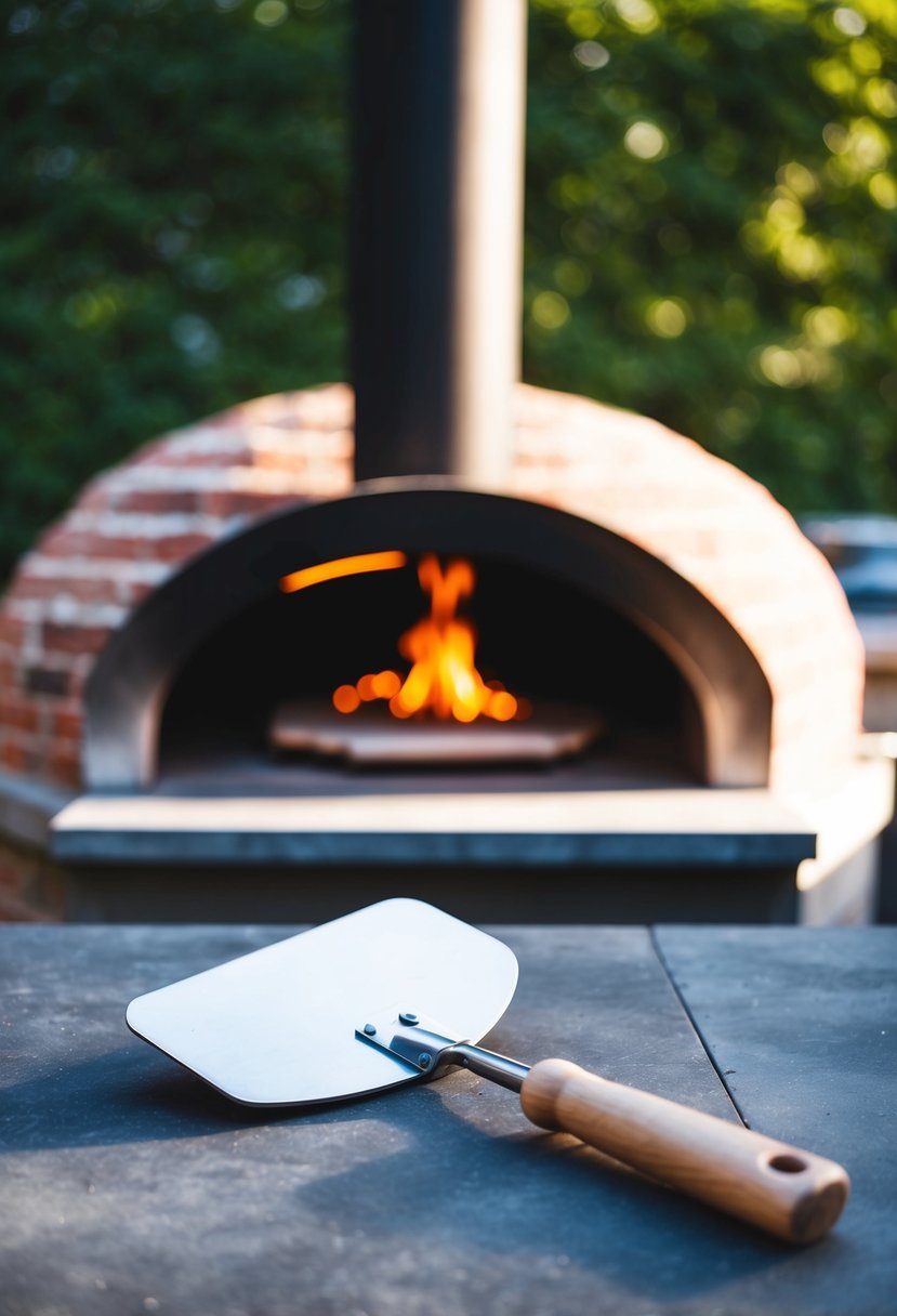 A Roccbox pizza peel placed in front of a wood-fired pizza oven in an outdoor kitchen setting