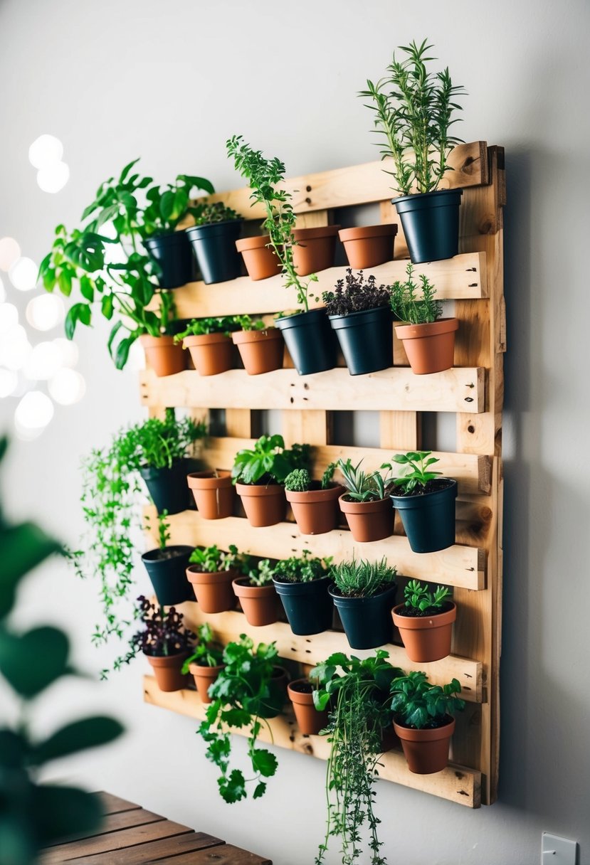 A wooden pallet mounted on a wall, filled with 22 different herbs growing in small pots