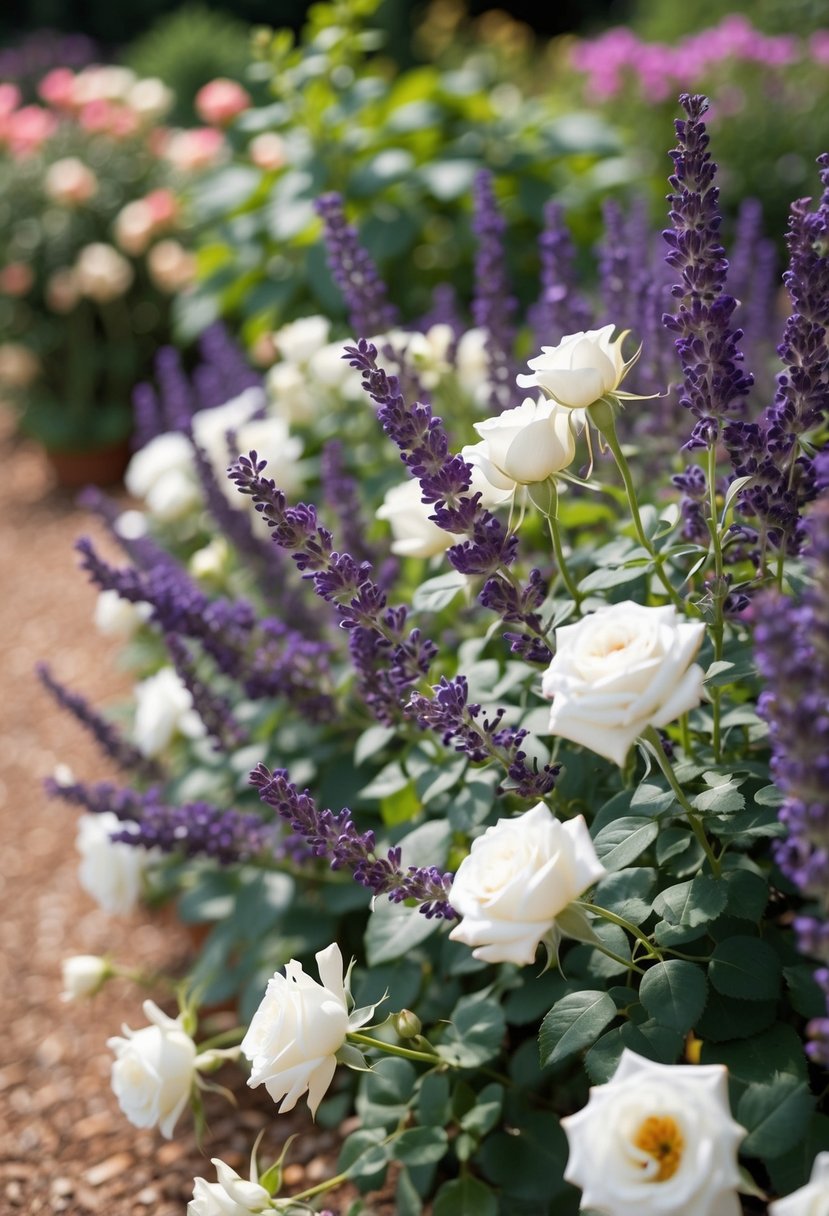 Lavender and white roses fill 47 gardens, creating a colorful and fragrant scene