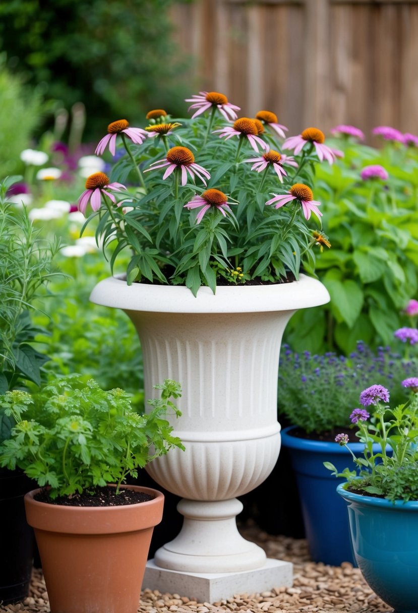 A stylish urn holds Echinacea among 30 other herb gardens in containers