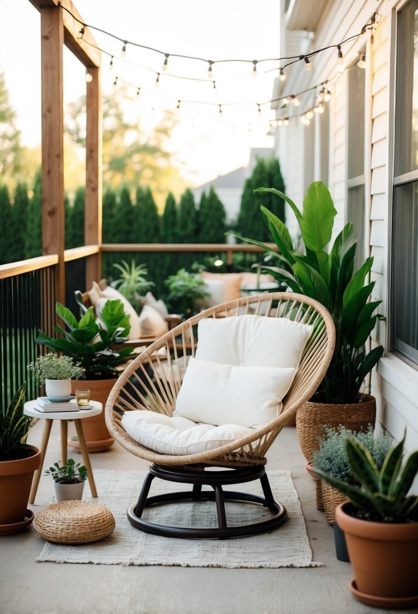 A cozy papasan chair sits on a patio surrounded by potted plants and string lights, creating a tranquil outdoor seating area