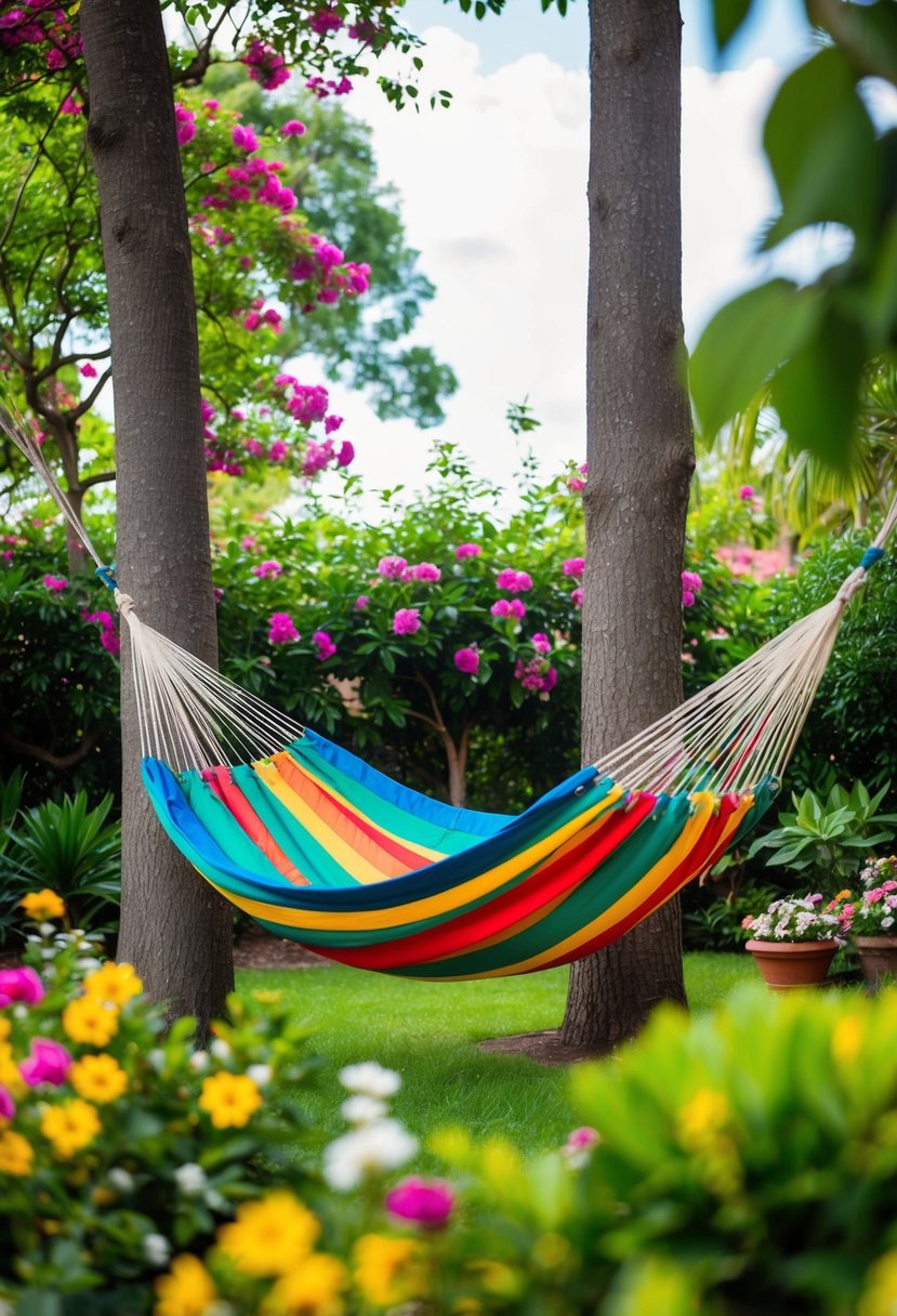 A colorful, oversized Brazilian hammock hangs between two sturdy trees in a lush garden, surrounded by blooming flowers and swaying greenery