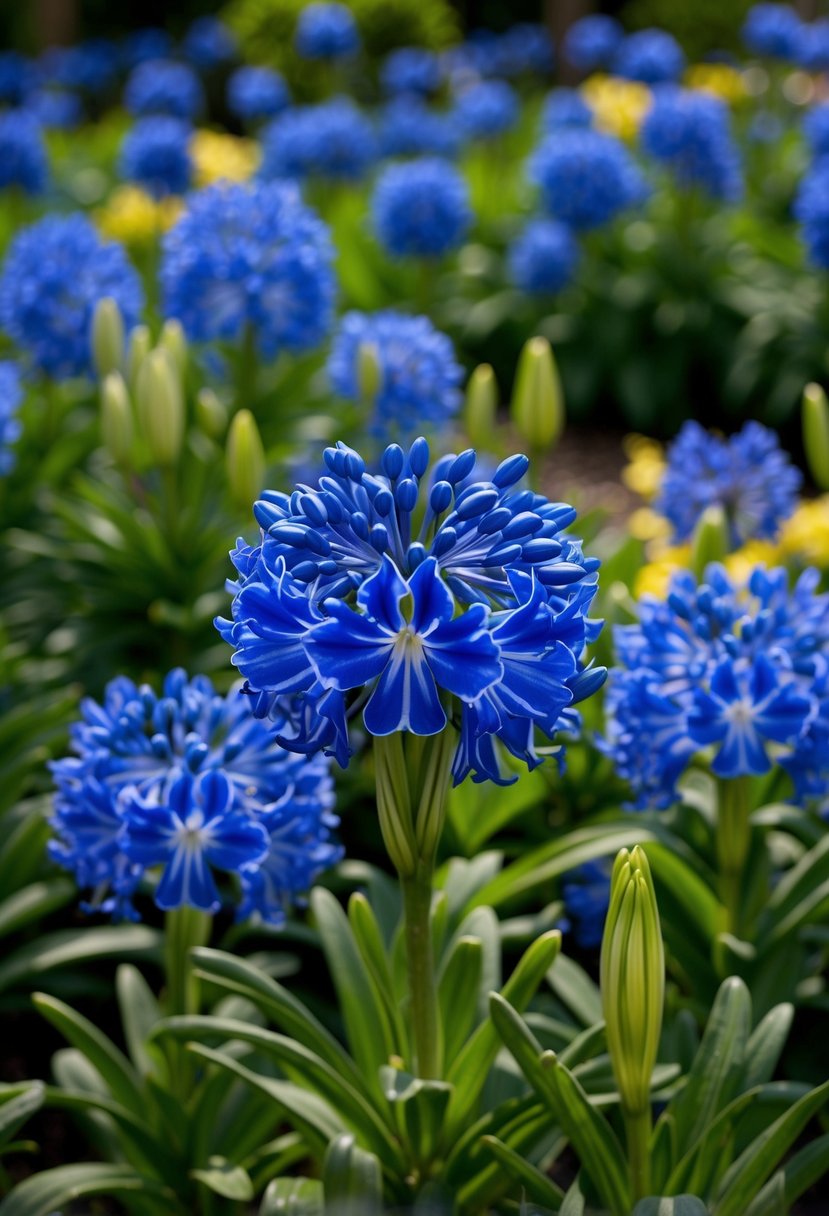 A lush garden filled with vibrant Agapanthus 'Blue Giant' in full bloom, creating a sea of blue and green