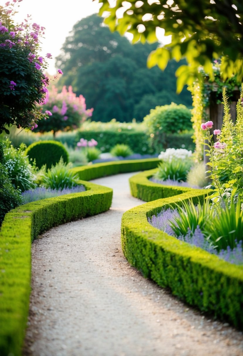 A winding path lined with hedges leads to a garden entrance, with flowers and greenery creating a peaceful and inviting atmosphere