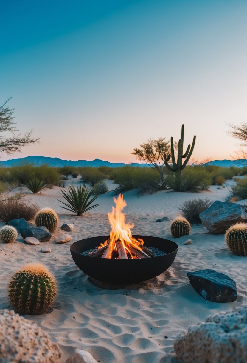 A tranquil desert oasis with a natural fire pit surrounded by sand, rocks, and cacti under a clear blue sky