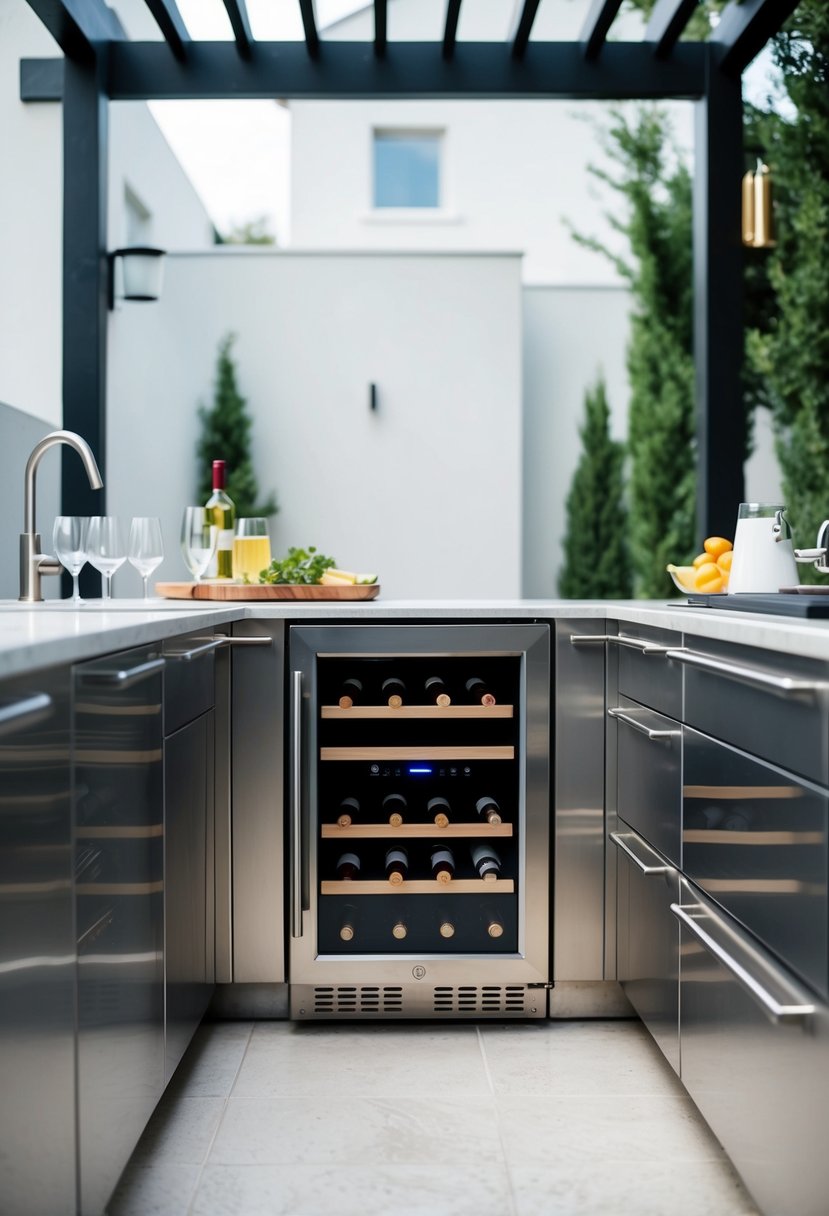 A sleek, stainless steel outdoor wine cooler sits amidst a modern outdoor kitchen, surrounded by clean lines and contemporary design elements