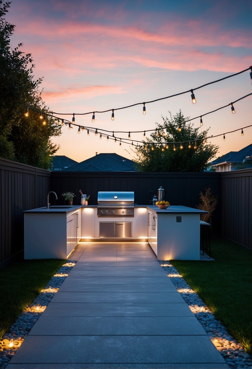 A backyard with modern outdoor kitchen surrounded by LED pathway lights