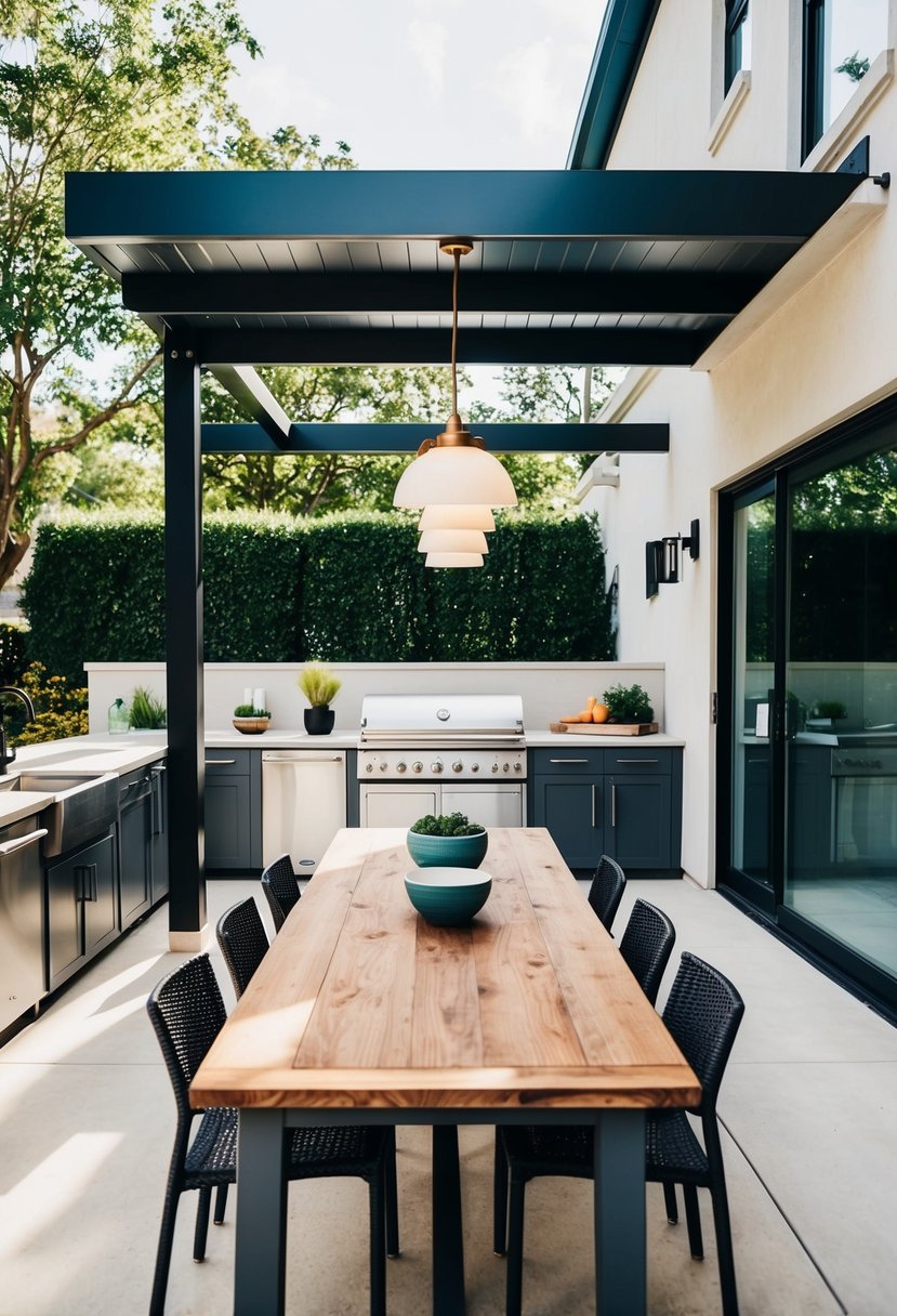 A spacious outdoor patio with a custom farmhouse table surrounded by modern kitchen appliances and sleek design features