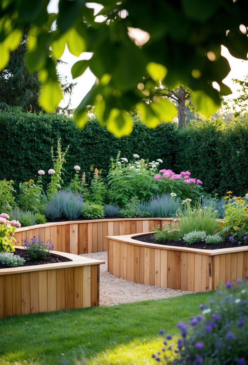 A lush garden with raised cedar beds arranged in a half-round shape, surrounded by greenery and blooming flowers