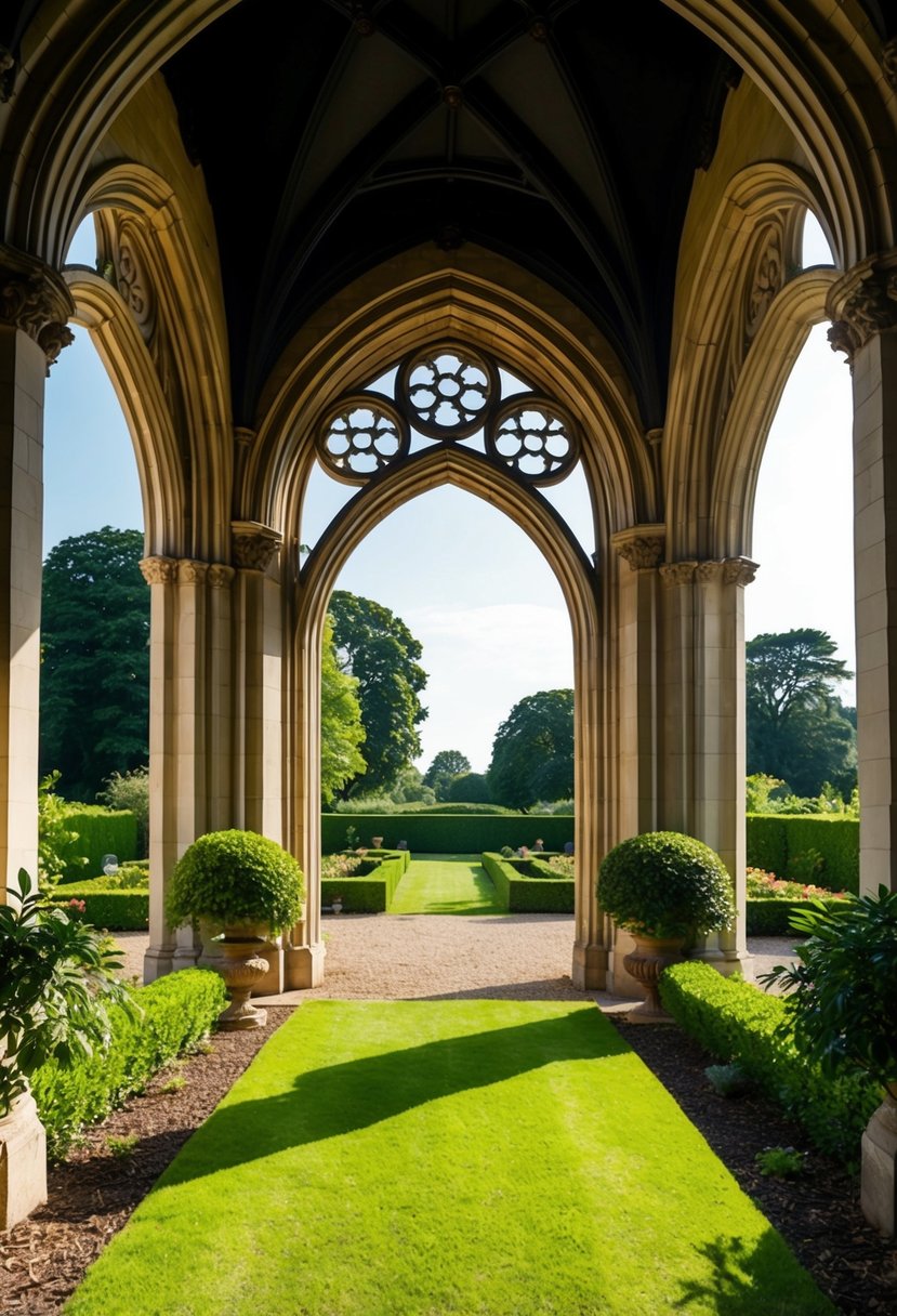 A grand Gothic archway stands in a lush garden with 32 arches