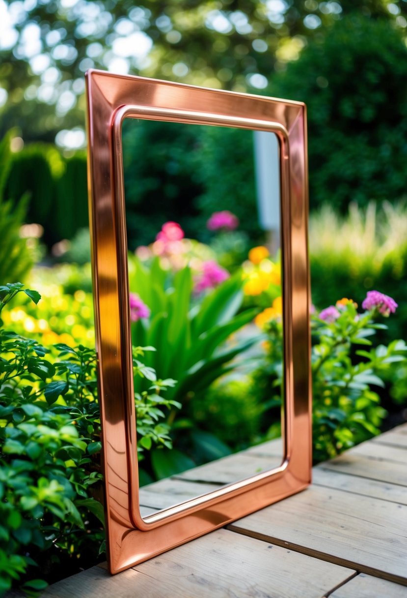 A copper-framed accent mirror reflects a lush garden with 33 different design ideas