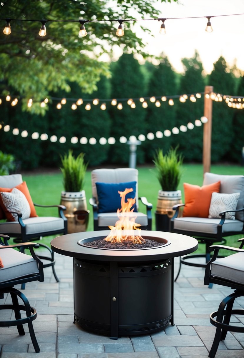 A fire pit table surrounded by patio bar stools and decor