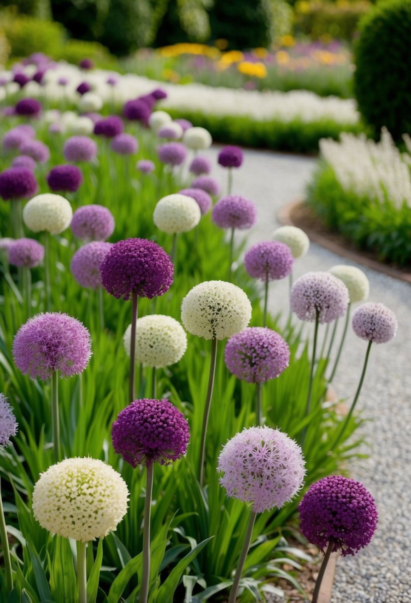 A garden filled with tall, spherical allium flowers in various shades of purple and white, set against a backdrop of lush greenery and winding pathways