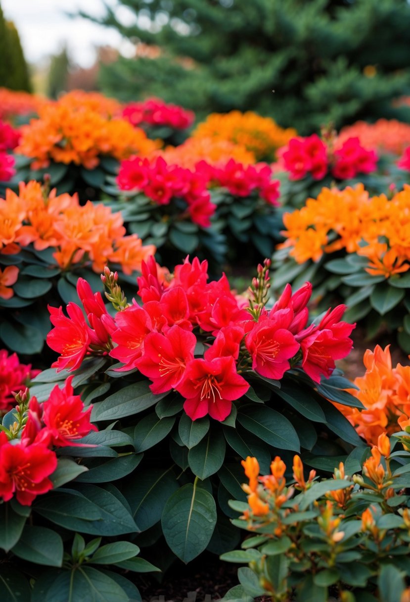 A garden filled with 'Autumn Embers' azaleas in full bloom. Vibrant red and orange flowers contrast against lush green foliage