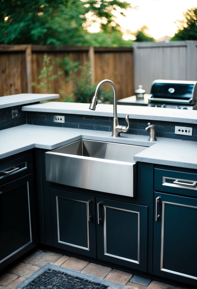 A stainless steel bar sink installed in an outdoor kitchen, surrounded by countertops and cabinets, with a faucet and drainage system