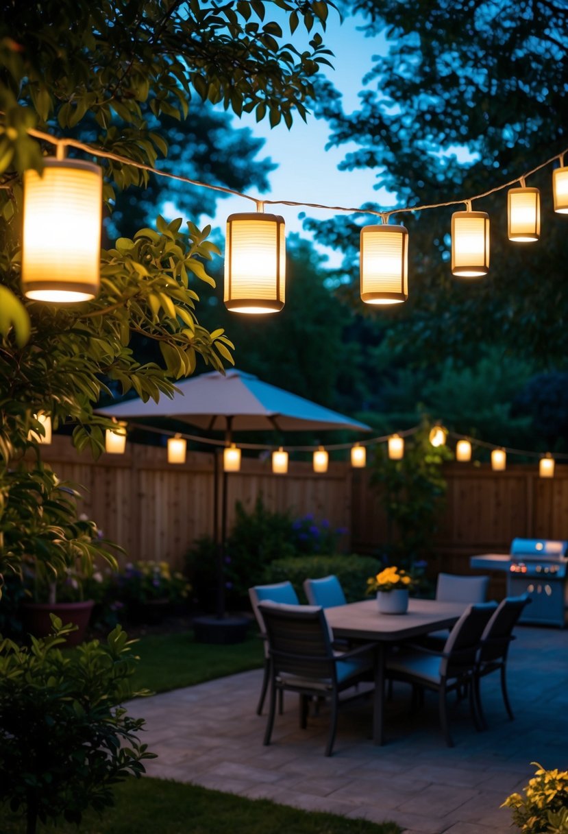 A backyard garden at dusk, illuminated by a string of Bluetooth speaker lanterns hanging from the trees, creating a warm and inviting atmosphere