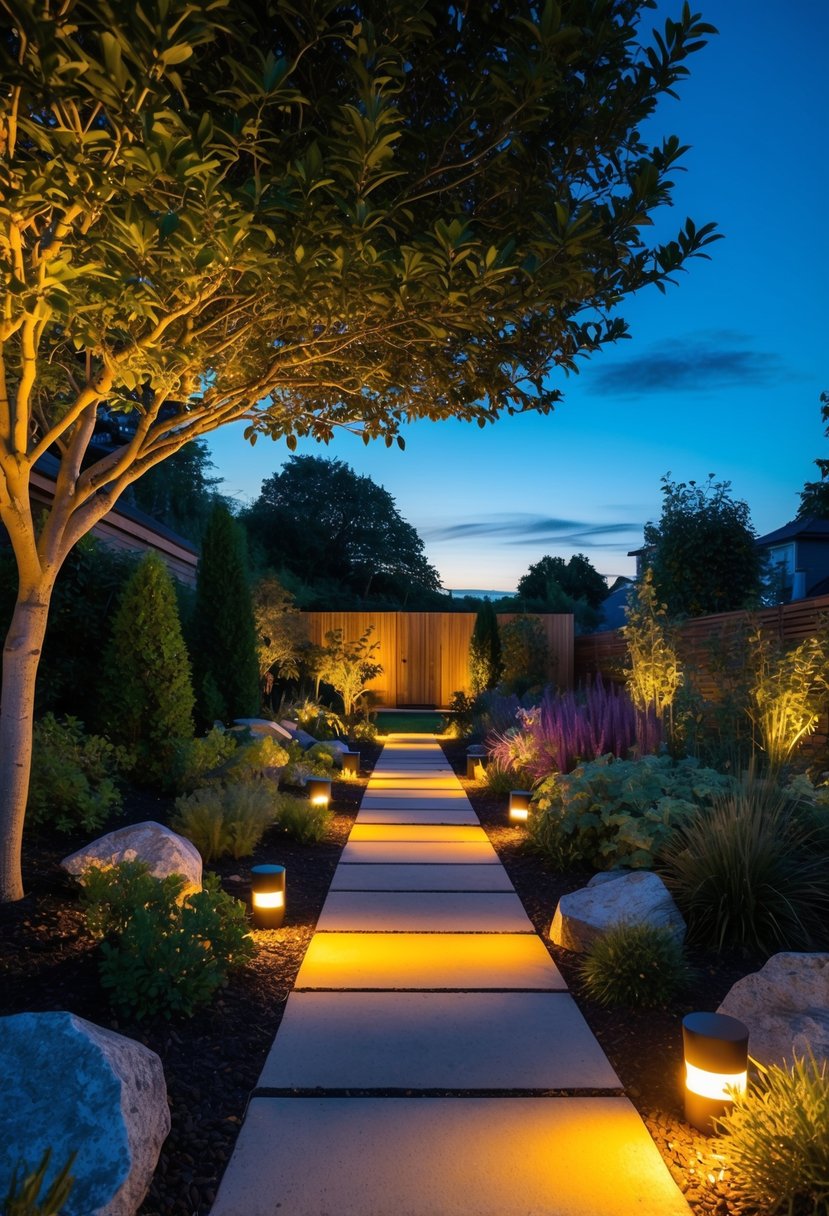 A garden at dusk with color-changing rock lights illuminating the pathways and highlighting various plants and features
