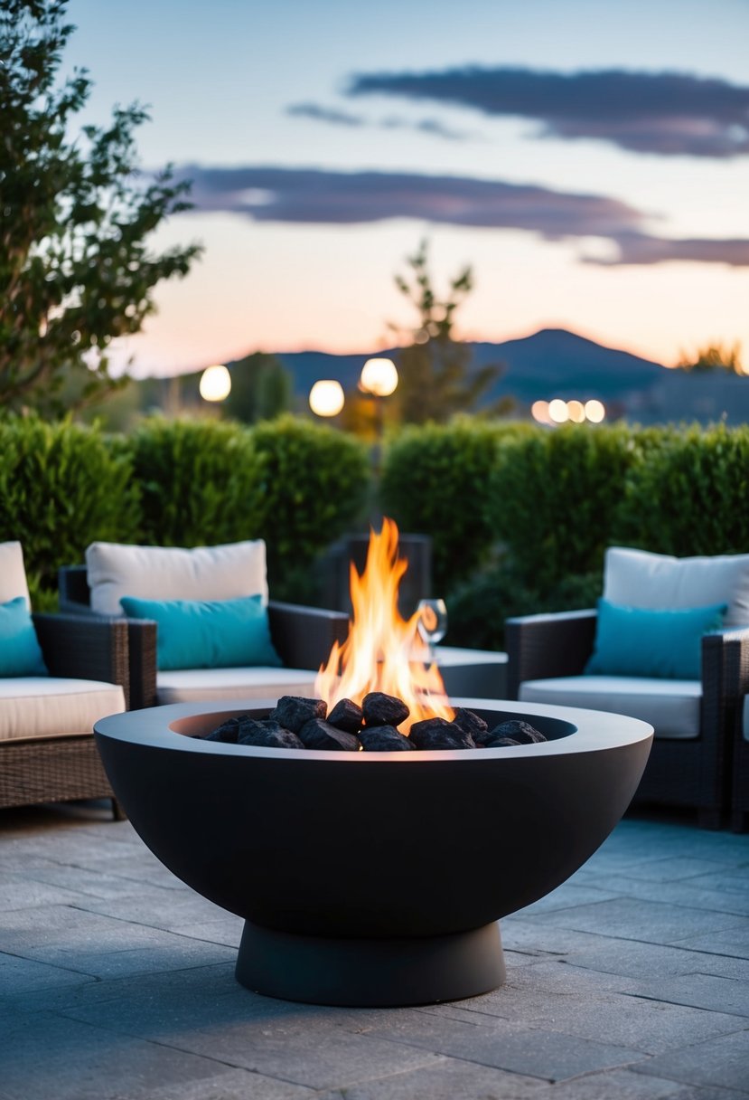 A sleek, modern fire pit with lava rocks sits in a landscaped outdoor setting, surrounded by comfortable seating and ambient lighting