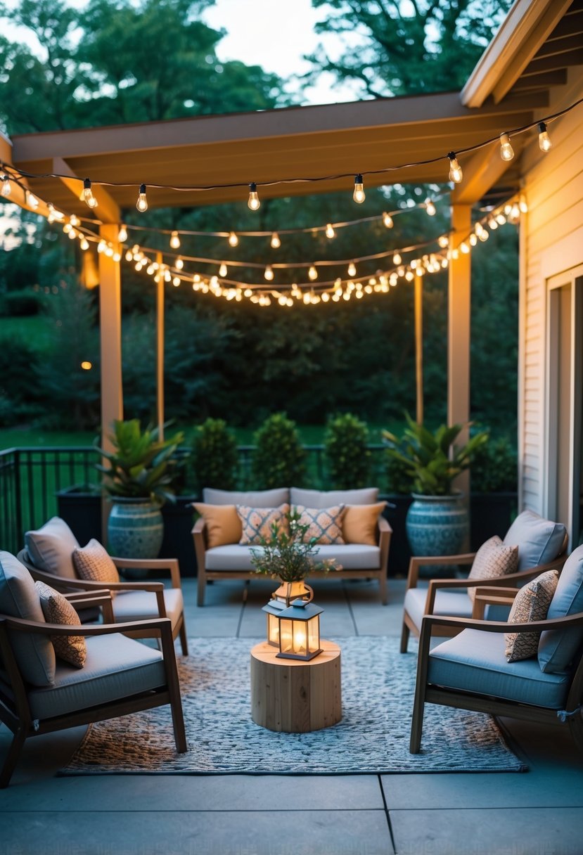 A serene outdoor patio with Japandi decor, featuring simple lantern string lights illuminating the space