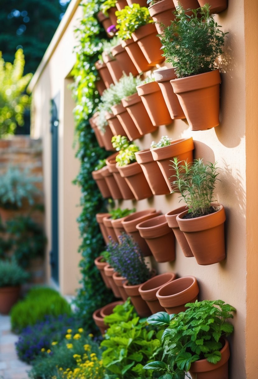 A terracotta pot wall with 22 herb-filled pots cascading down a sunlit garden wall