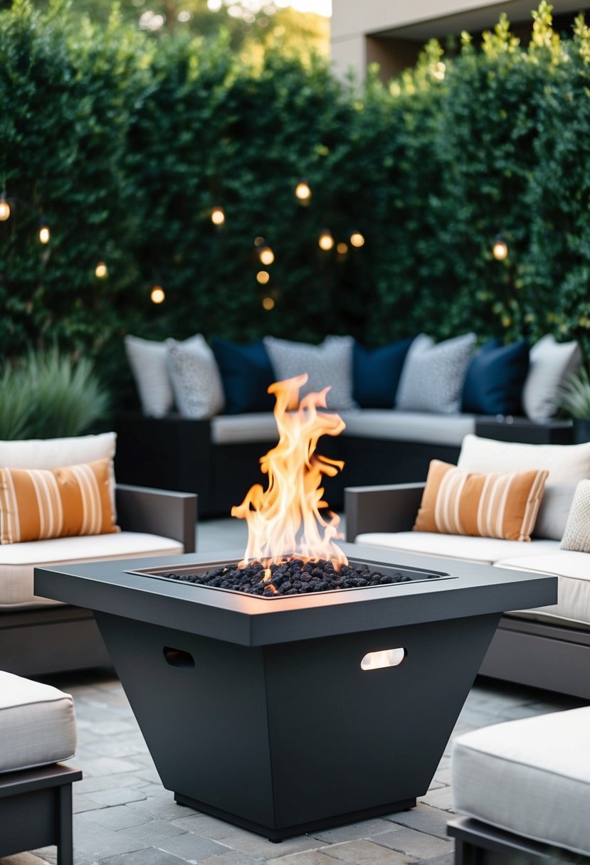 A sleek, modern fire pit with a built-in grill, surrounded by comfortable seating and set against a backdrop of lush greenery and contemporary outdoor decor
