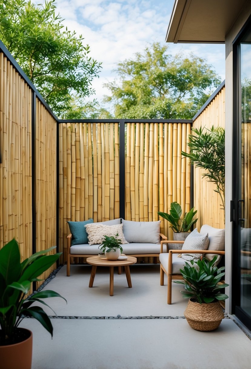 A serene patio with bamboo privacy panels, minimalistic Japandi decor, potted plants, and cozy seating for outdoor relaxation