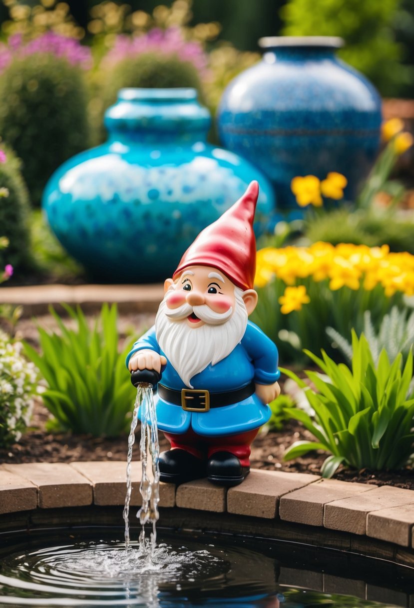 A charming gnome spitting water into a garden pond surrounded by 39 unique water features