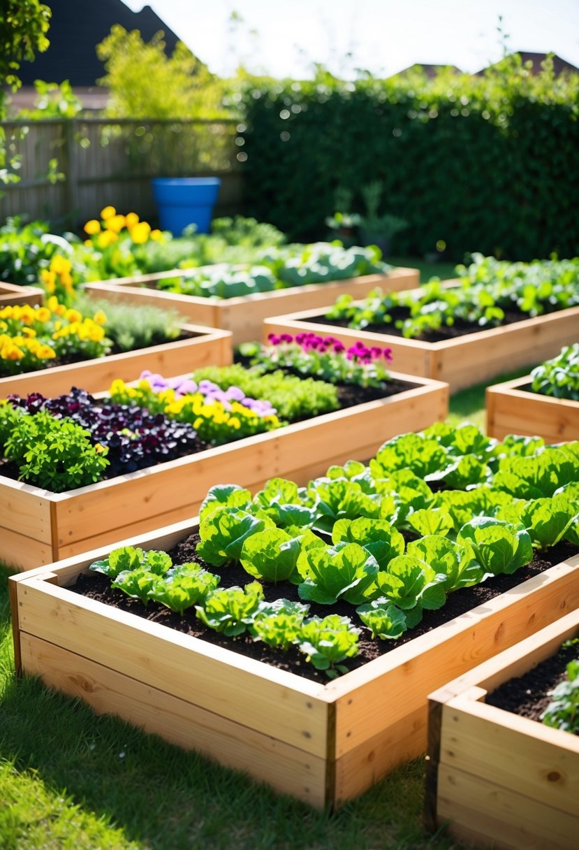 A sunny backyard with 35 cedar raised garden beds arranged in neat rows, filled with vibrant flowers and vegetables
