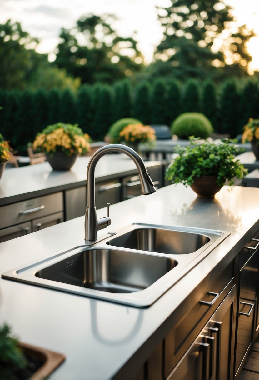 A stainless steel kitchen sink surrounded by 29 outdoor kitchens with sinks