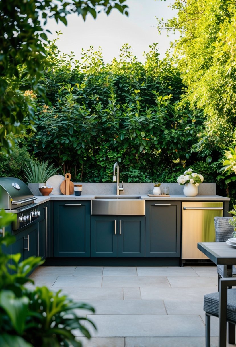 A spacious outdoor kitchen with a built-in sink, surrounded by lush greenery and equipped with modern appliances and a cozy dining area