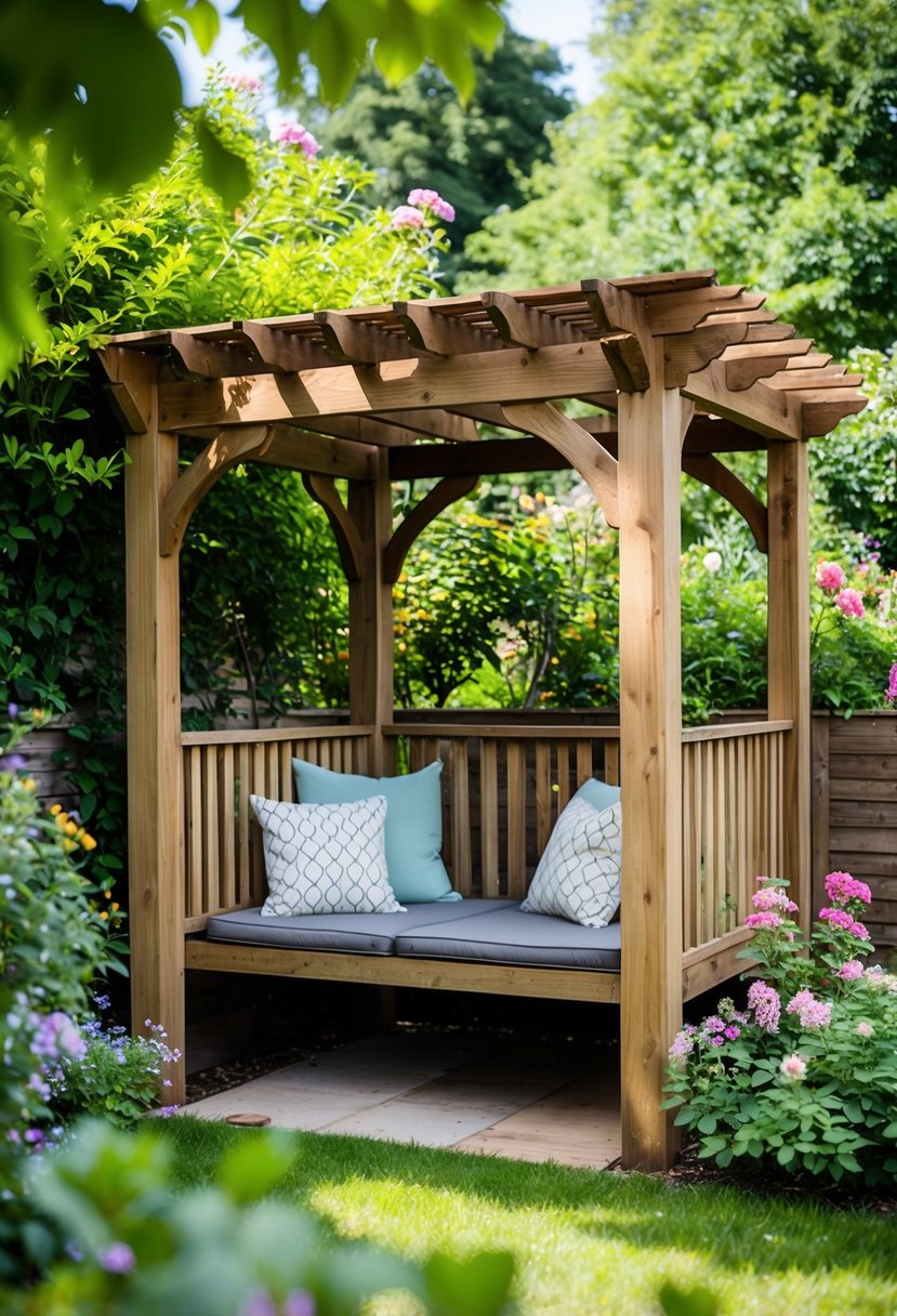 A rustic pergola stands in a garden nook, surrounded by lush greenery and blooming flowers. The wooden structure provides a cozy and inviting space for relaxation and enjoying the beauty of nature