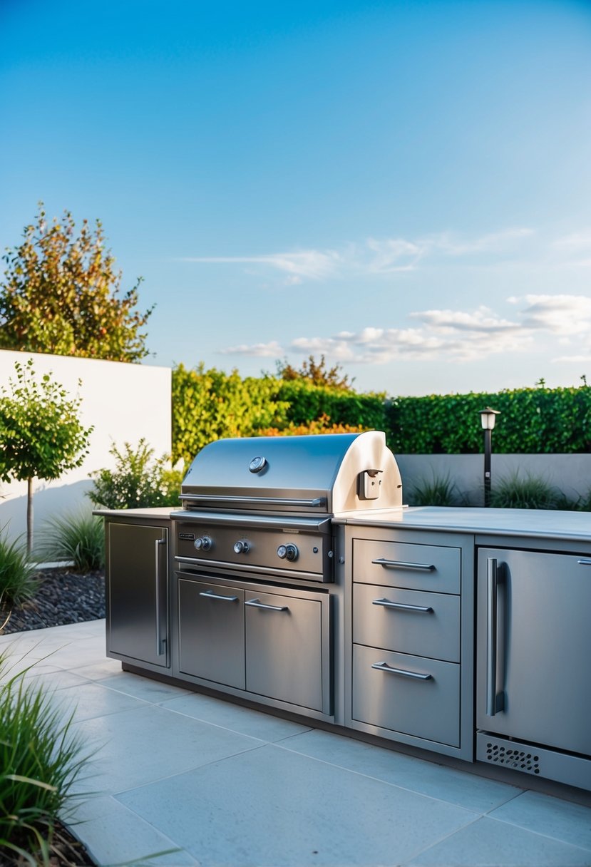 A sleek, stainless steel outdoor kitchen with a built-in smoker cabinet, surrounded by modern landscaping and under a clear blue sky