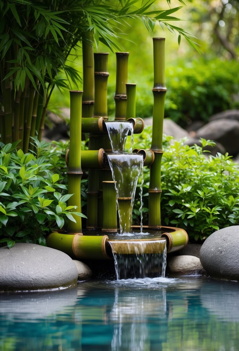 A serene bamboo fountain surrounded by lush greenery and smooth river rocks, with water gently cascading down the bamboo spouts into a tranquil pool below