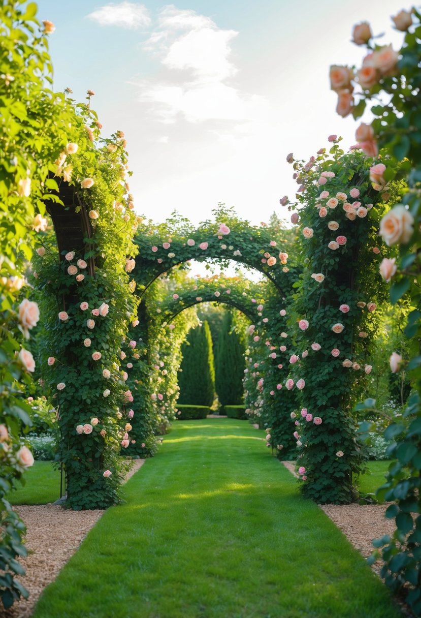 Lush garden with 32 arches covered in climbing roses