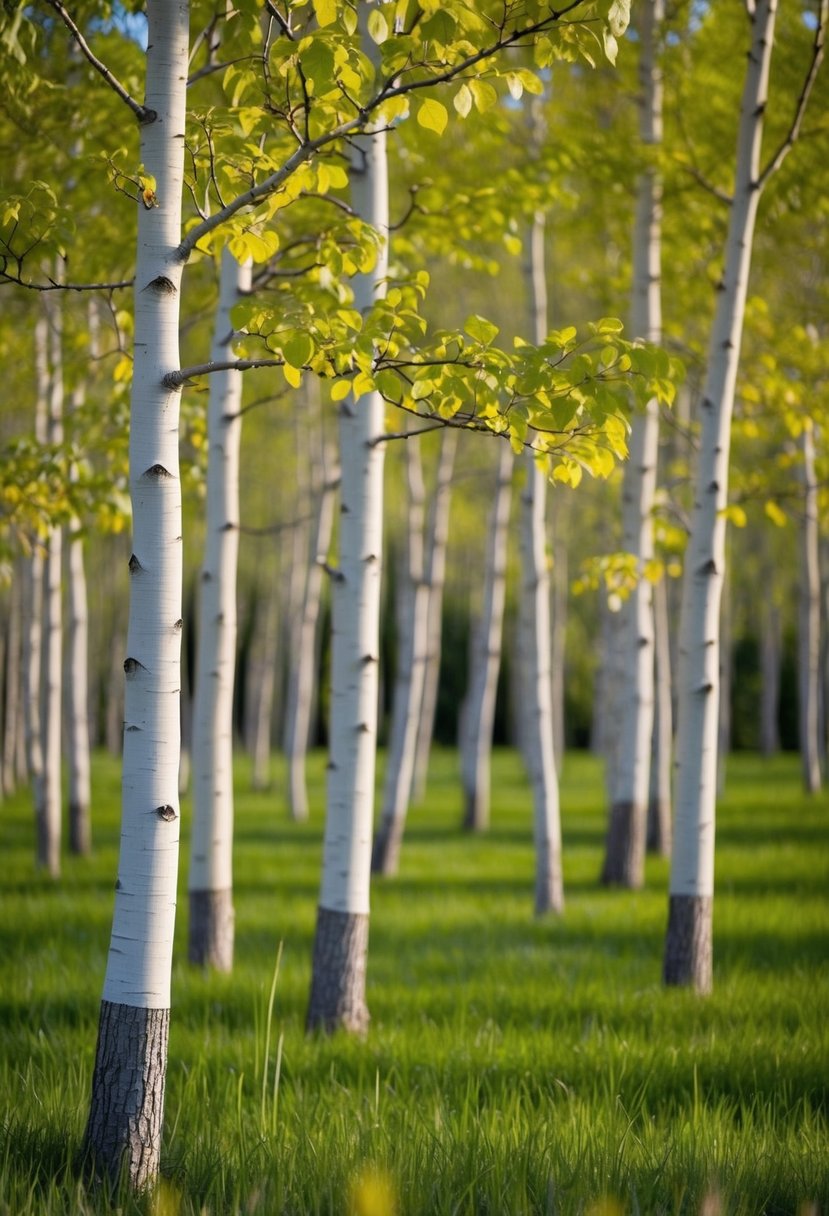 A serene garden with numerous aspen trees, their leaves rustling in the gentle breeze