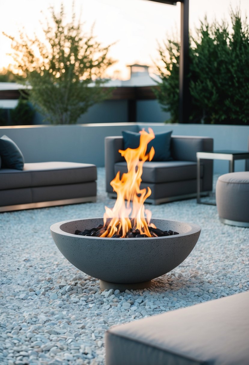 A stone fire bowl sits in a modern outdoor setting, surrounded by sleek furniture and minimalistic landscaping