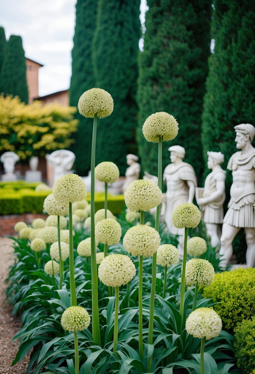 A lush garden filled with towering allium flowers, surrounded by ancient Roman gladiator statues