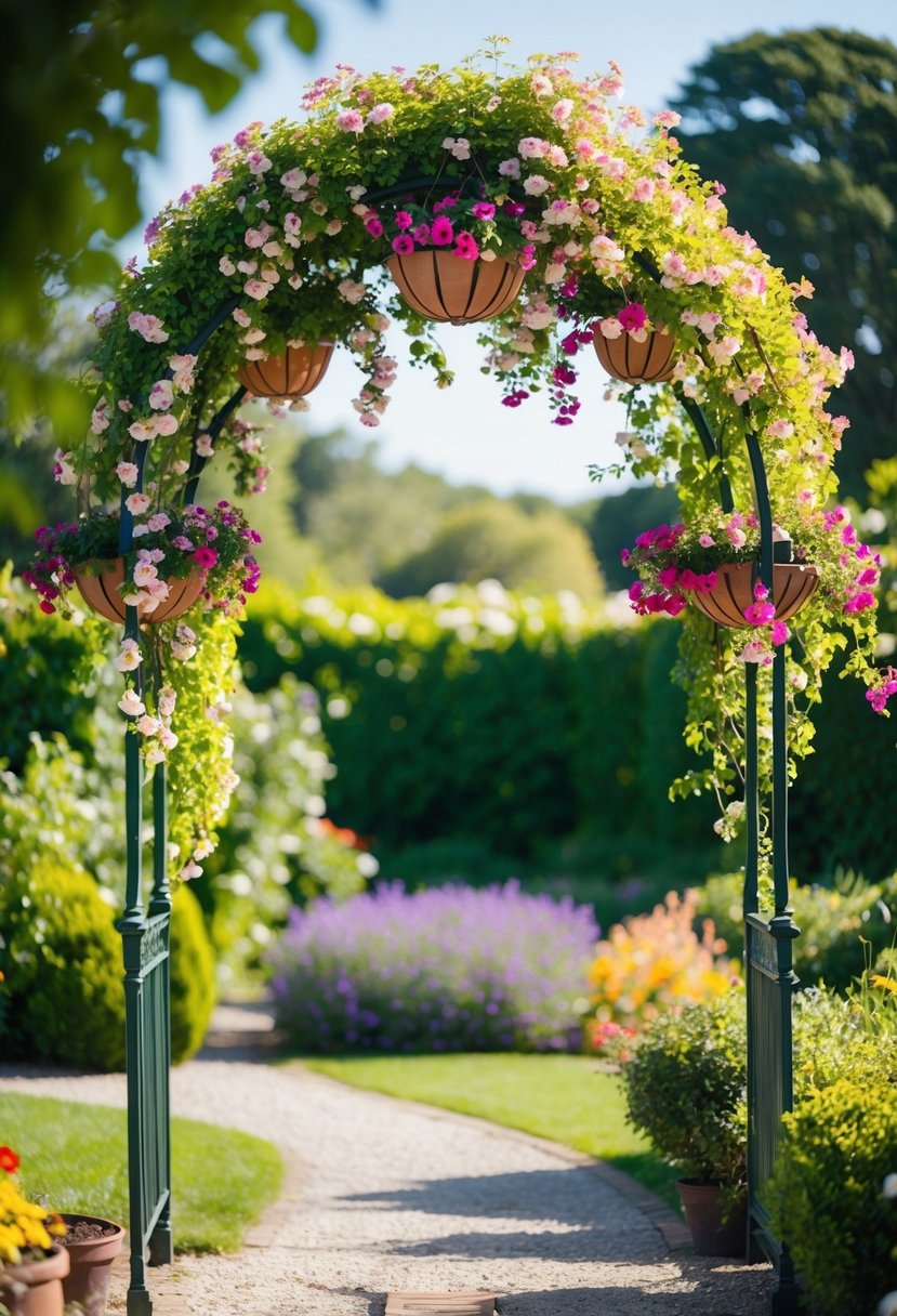 An archway covered in blooming hanging baskets stands in a lush garden