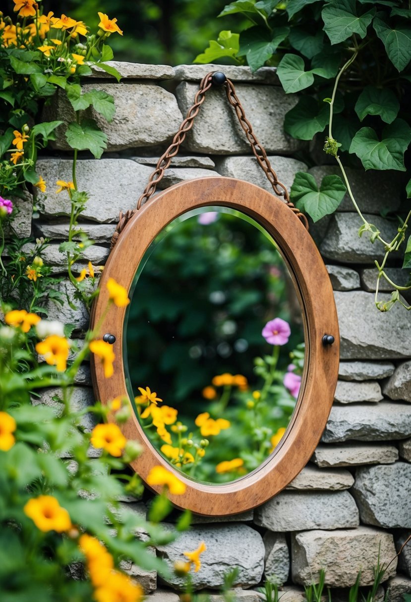 A rustic oval mirror hangs on a stone wall in a lush garden setting. Wildflowers and vines frame the reflection
