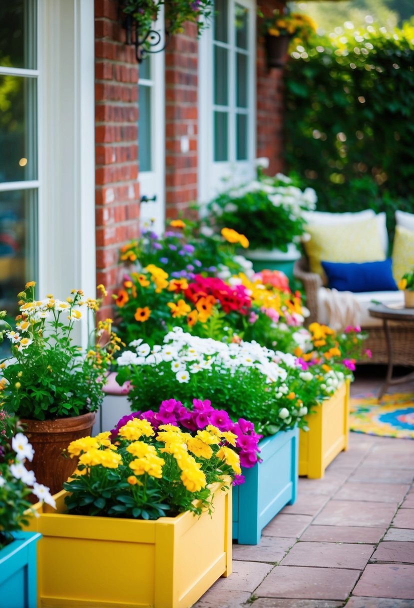 Colorful flower boxes adorn a cozy patio, with a variety of flowers and greenery creating a vibrant and inviting outdoor space